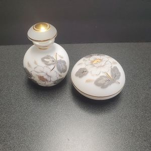 1930 or 40' Perfume Bottle and Powder Box Frosted Flower with Gold Guilded.